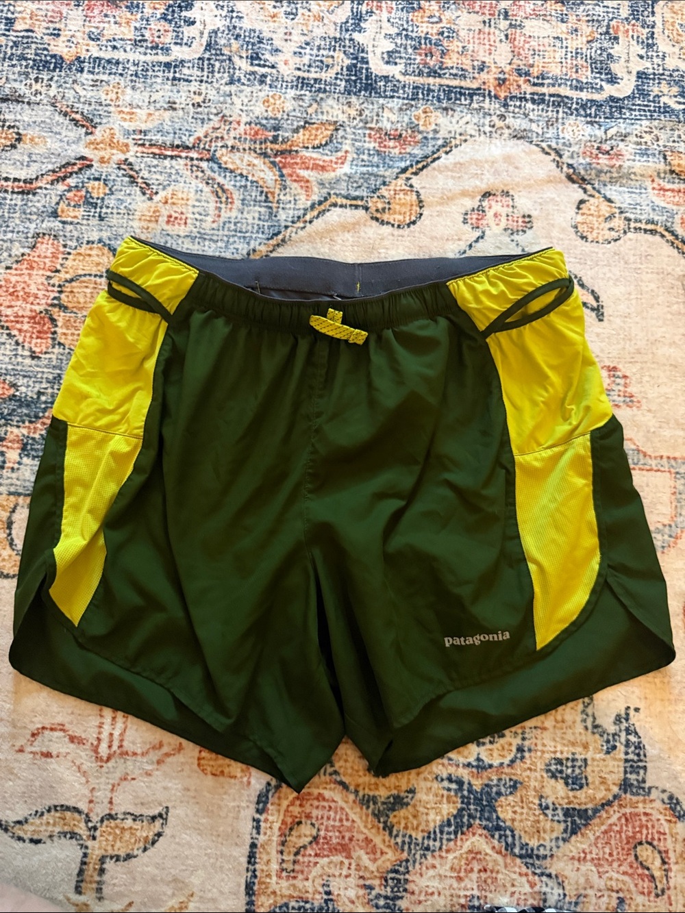 Patagonia Men’s Dark Green & Bright Yellow Athletic Shorts